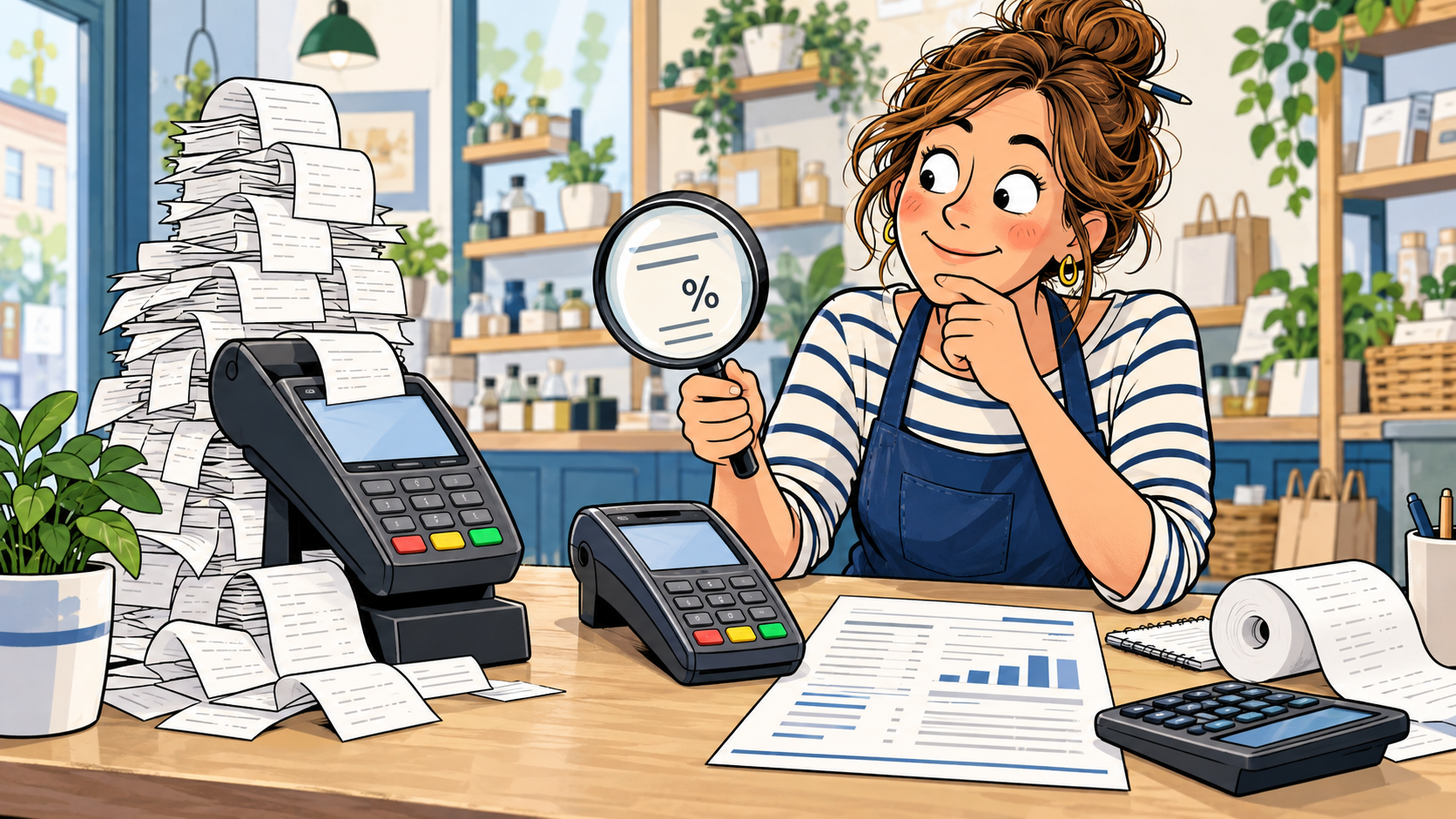 A shop owner comparing card terminals, merchant statements and a stack of payment-processing fees