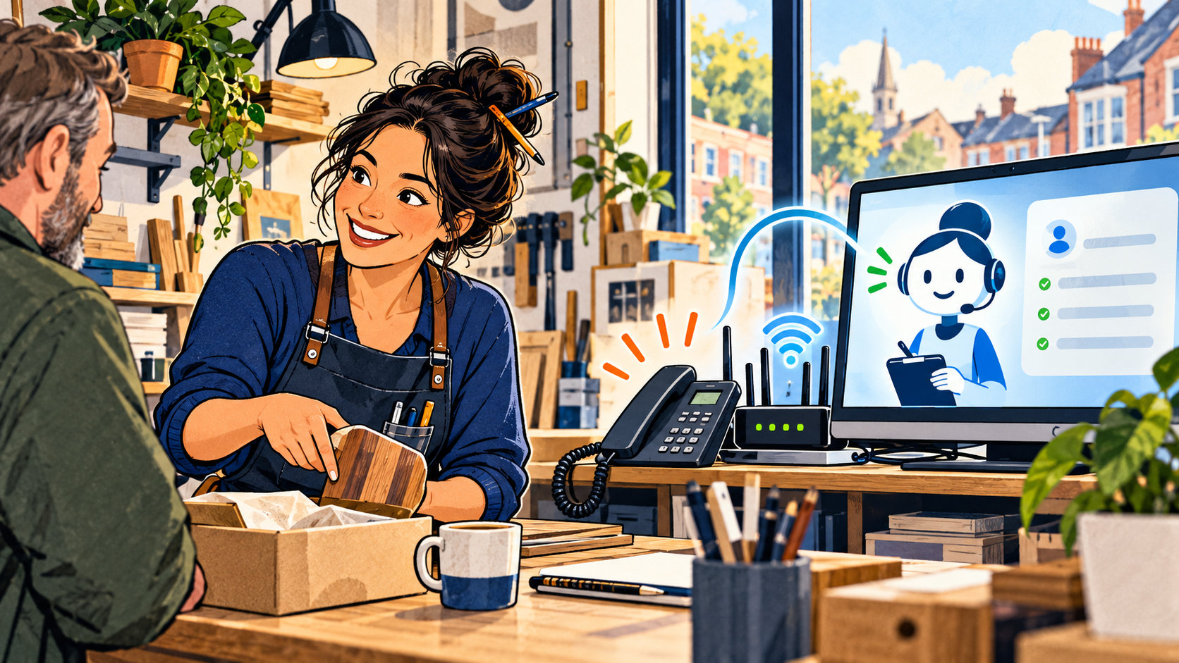 A busy small-business owner serving a customer while digital phone, broadband and virtual receptionist technology handles an incoming call